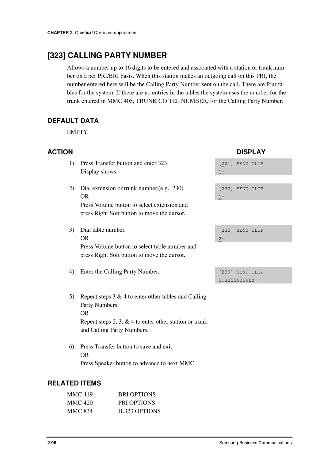 Samsung 7100 manual Calling Party Number, Empty, BRI Options, PRI Options 