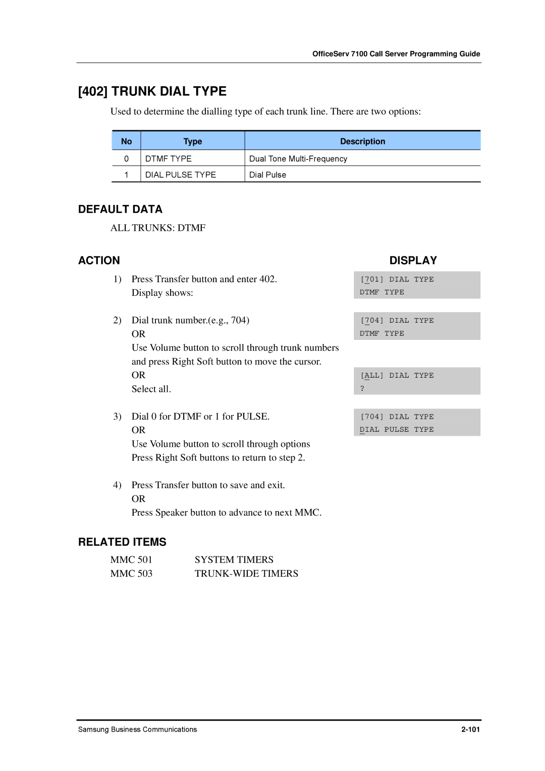 Samsung 7100 manual Trunk Dial Type, ALL Trunks Dtmf, Dtmf Type, Dial Pulse Type 