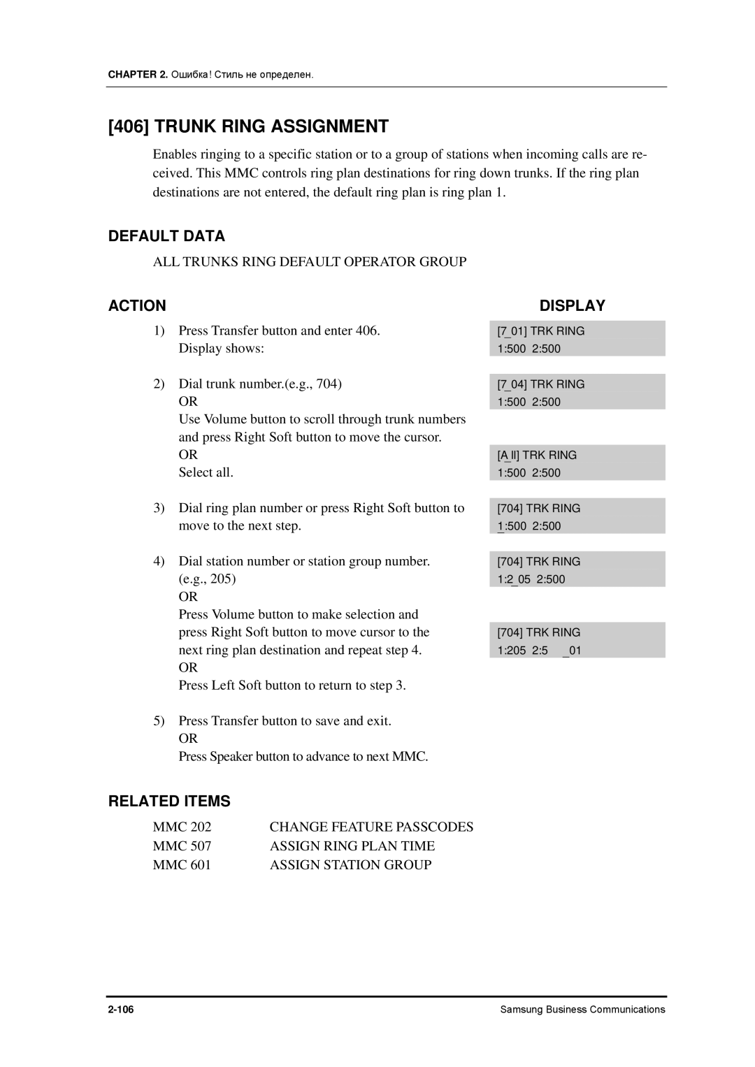 Samsung 7100 manual Trunk Ring Assignment, ALL Trunks Ring Default Operator Group, Assign Ring Plan Time 