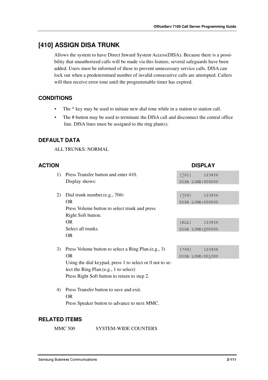 Samsung 7100 manual Assign Disa Trunk, ALL Trunks Normal 