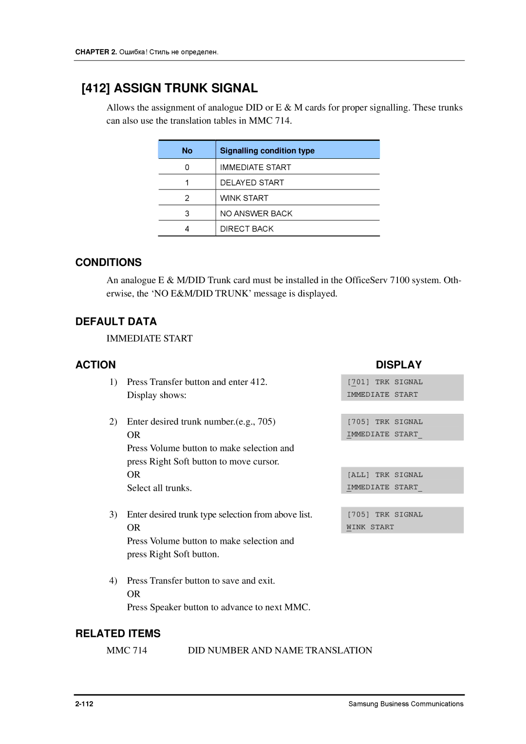 Samsung 7100 manual Assign Trunk Signal, Immediate Start, Signalling condition type 