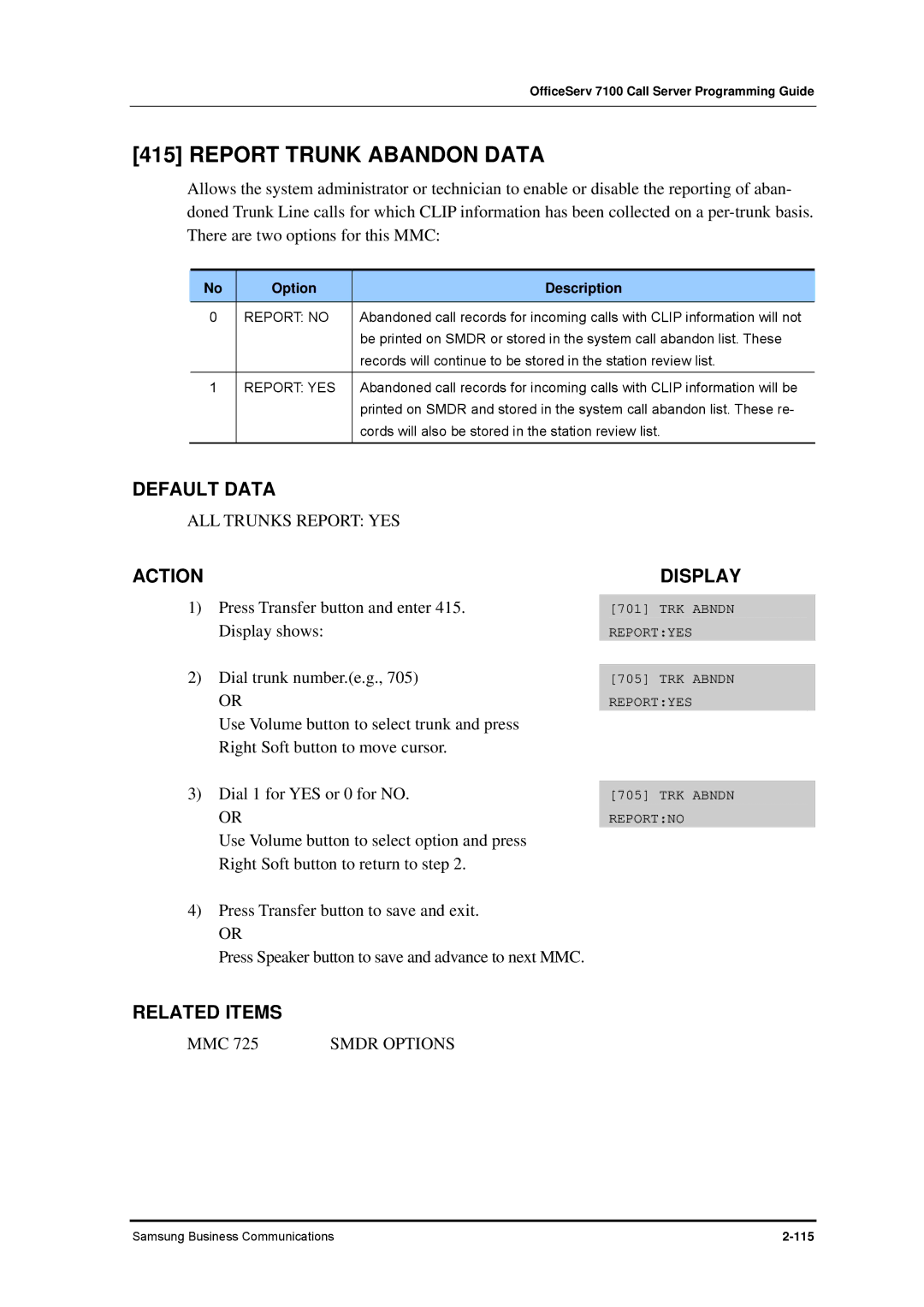 Samsung 7100 manual Report Trunk Abandon Data, ALL Trunks Report YES, Report no 