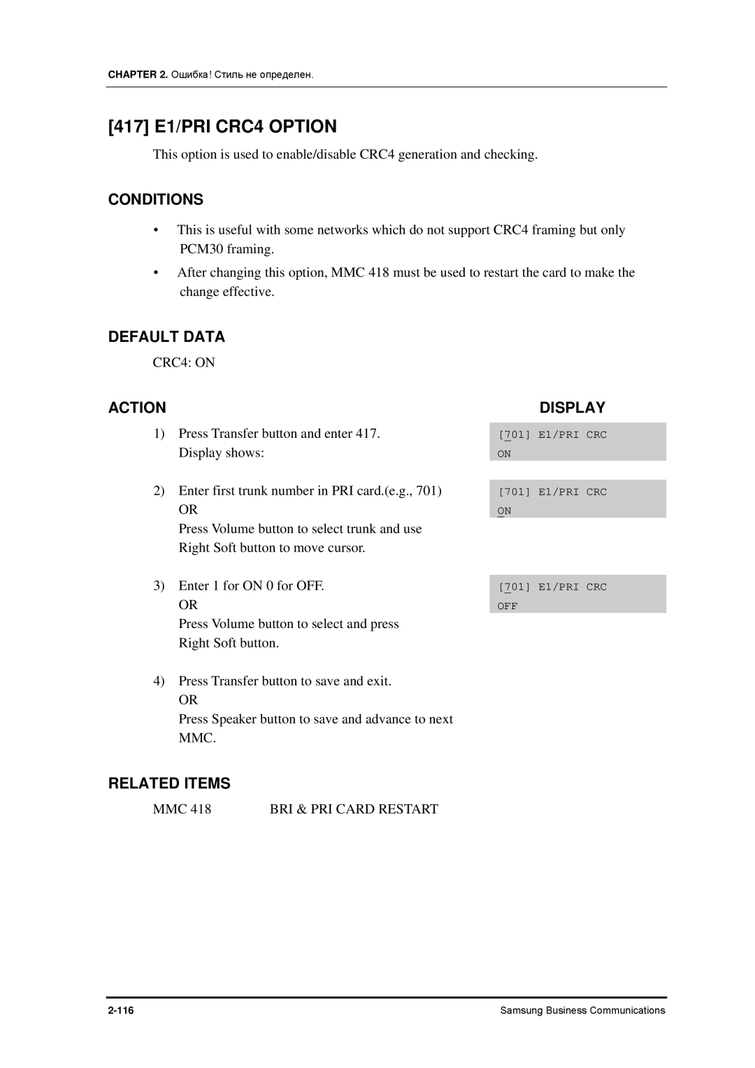 Samsung 7100 manual 417 E1/PRI CRC4 Option, CRC4 on 