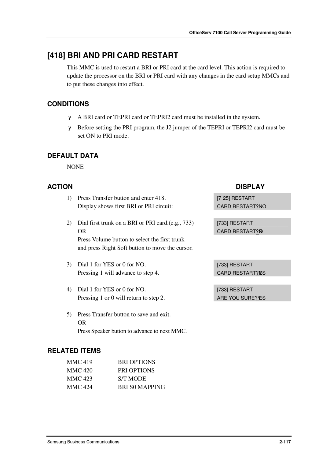 Samsung 7100 manual BRI and PRI Card Restart, Mode 