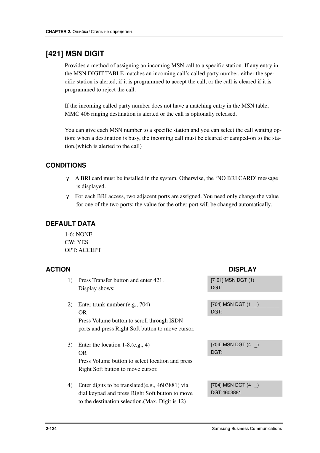 Samsung 7100 manual MSN Digit, CW YES OPT Accept 