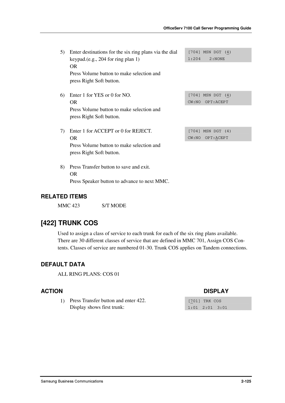 Samsung 7100 manual Trunk COS, ALL Ring Plans COS 