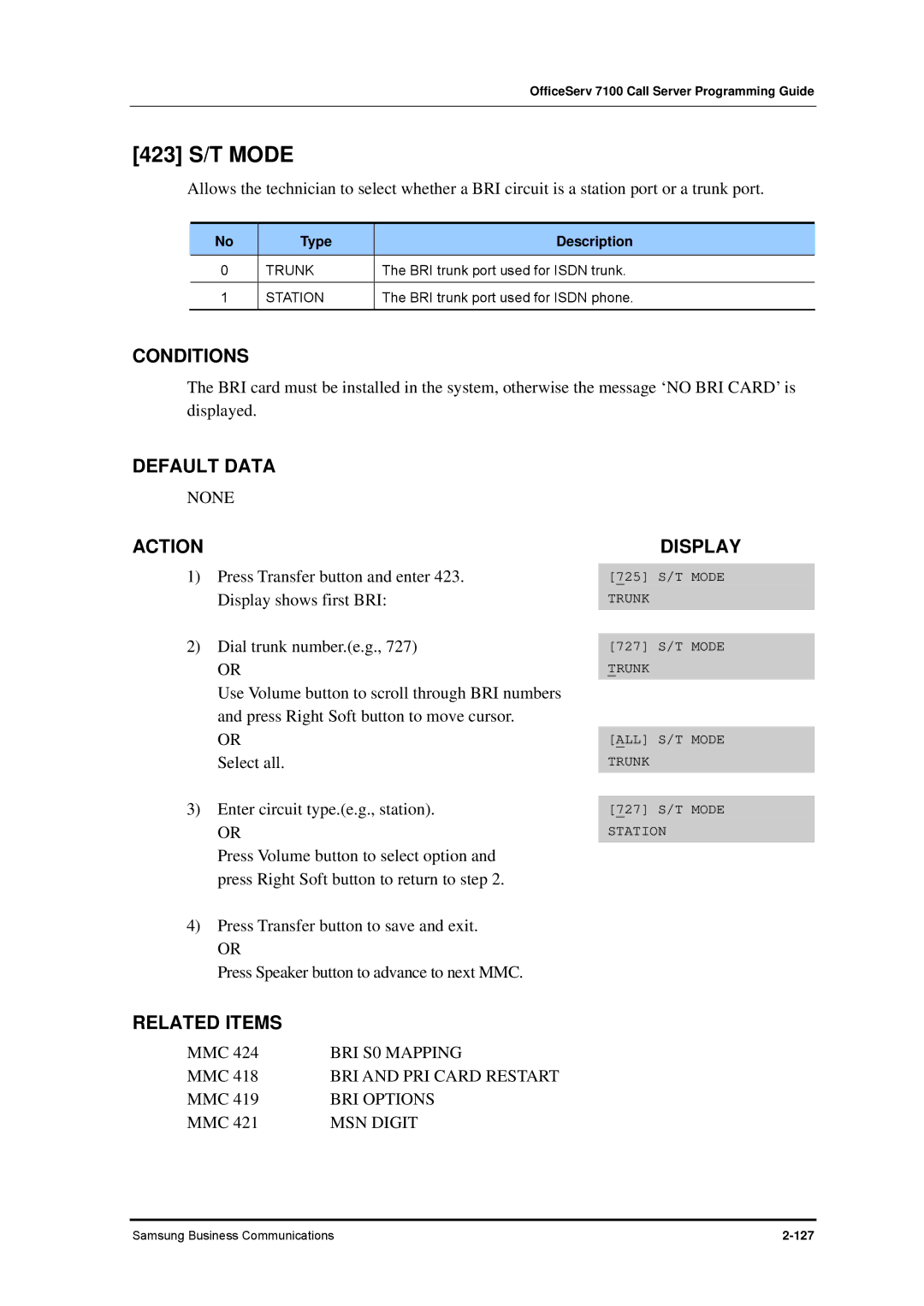 Samsung 7100 manual 423 S/T Mode, BRI S0 Mapping, Trunk 