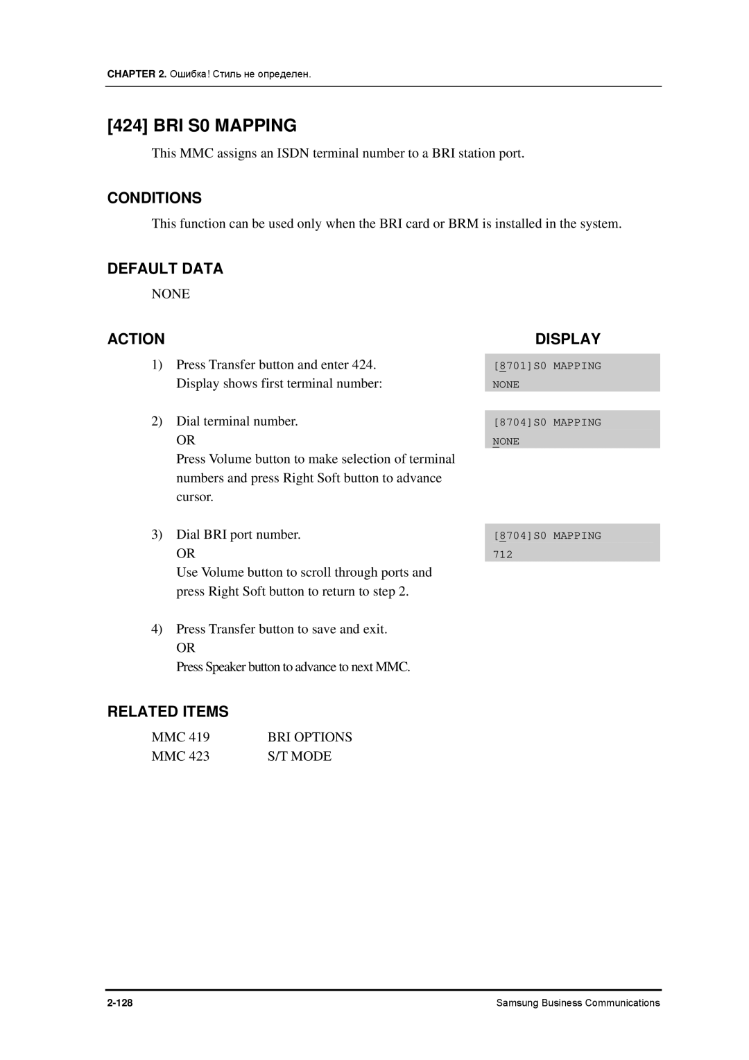 Samsung 7100 manual BRI S0 Mapping, Mode 