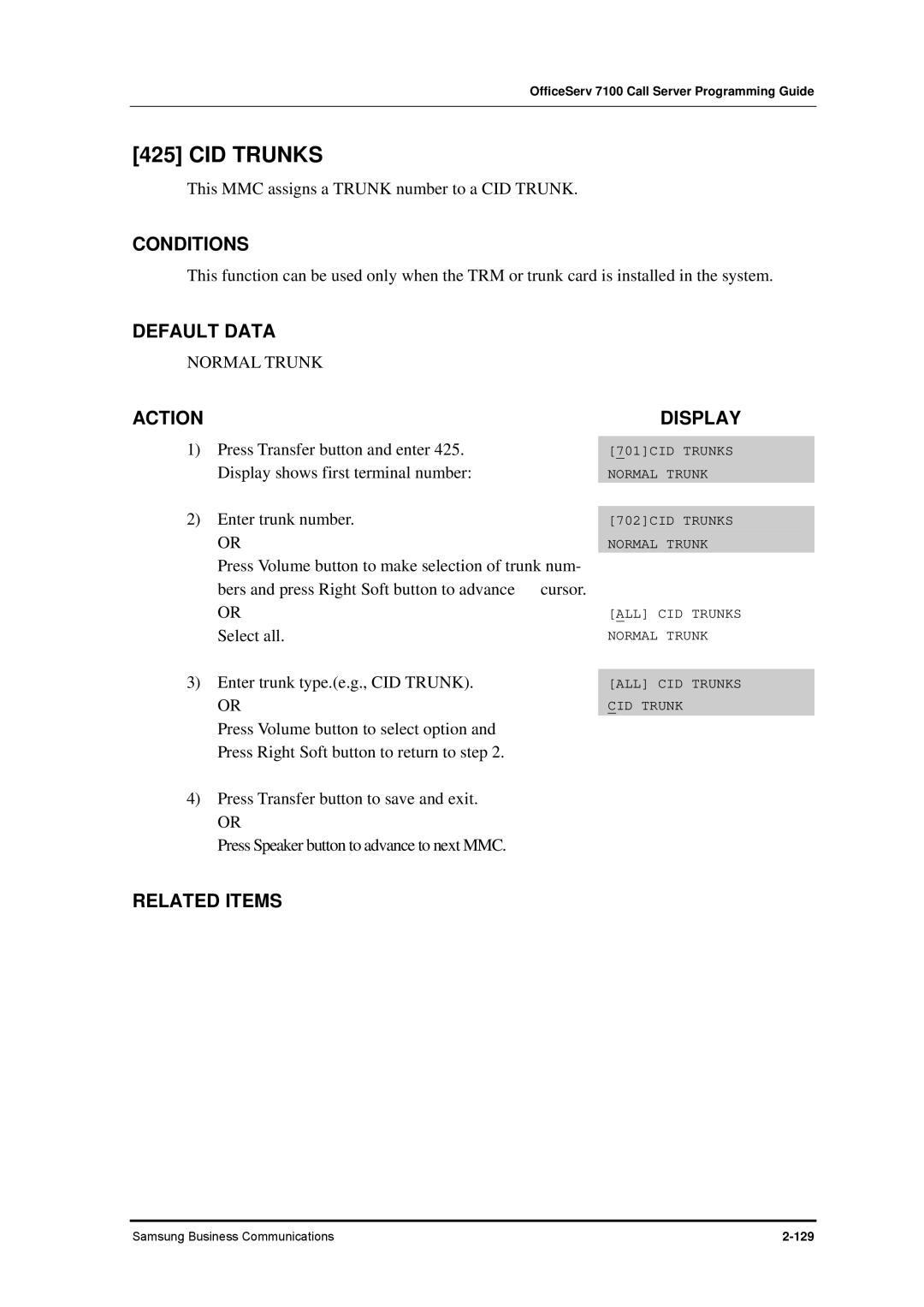 Samsung 7100 manual CID Trunks, Normal Trunk 