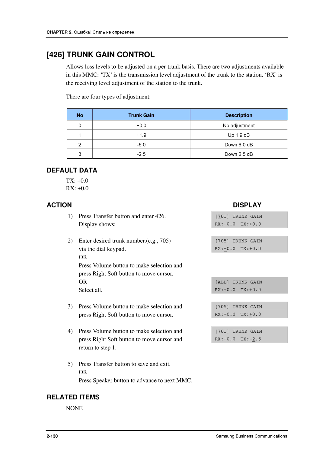 Samsung 7100 manual Trunk Gain Control, Trunk Gain Description 