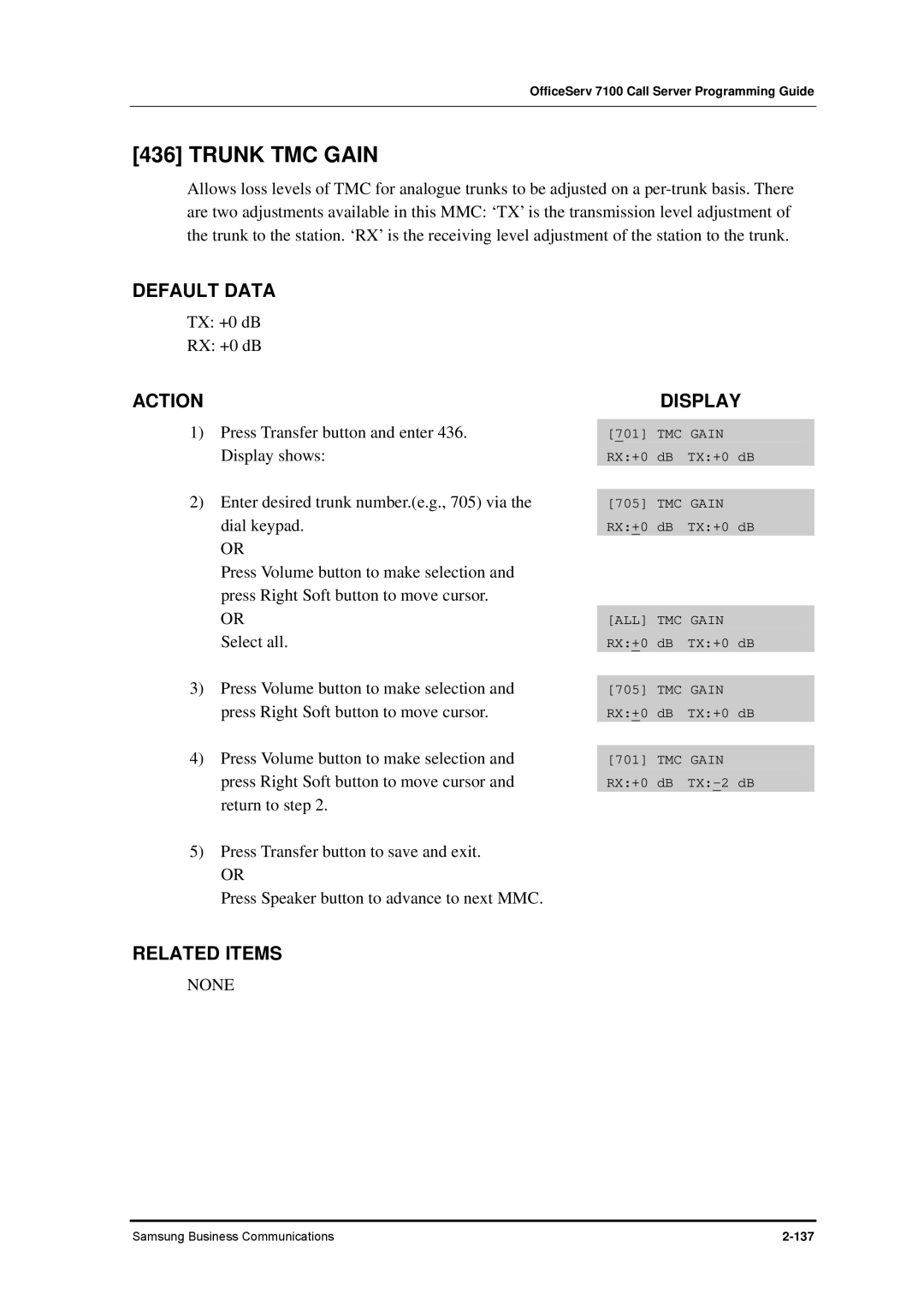 Samsung 7100 manual Trunk TMC Gain, None 