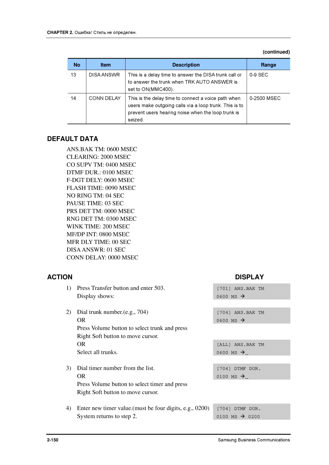 Samsung 7100 manual Disa Answr, Conn Delay 