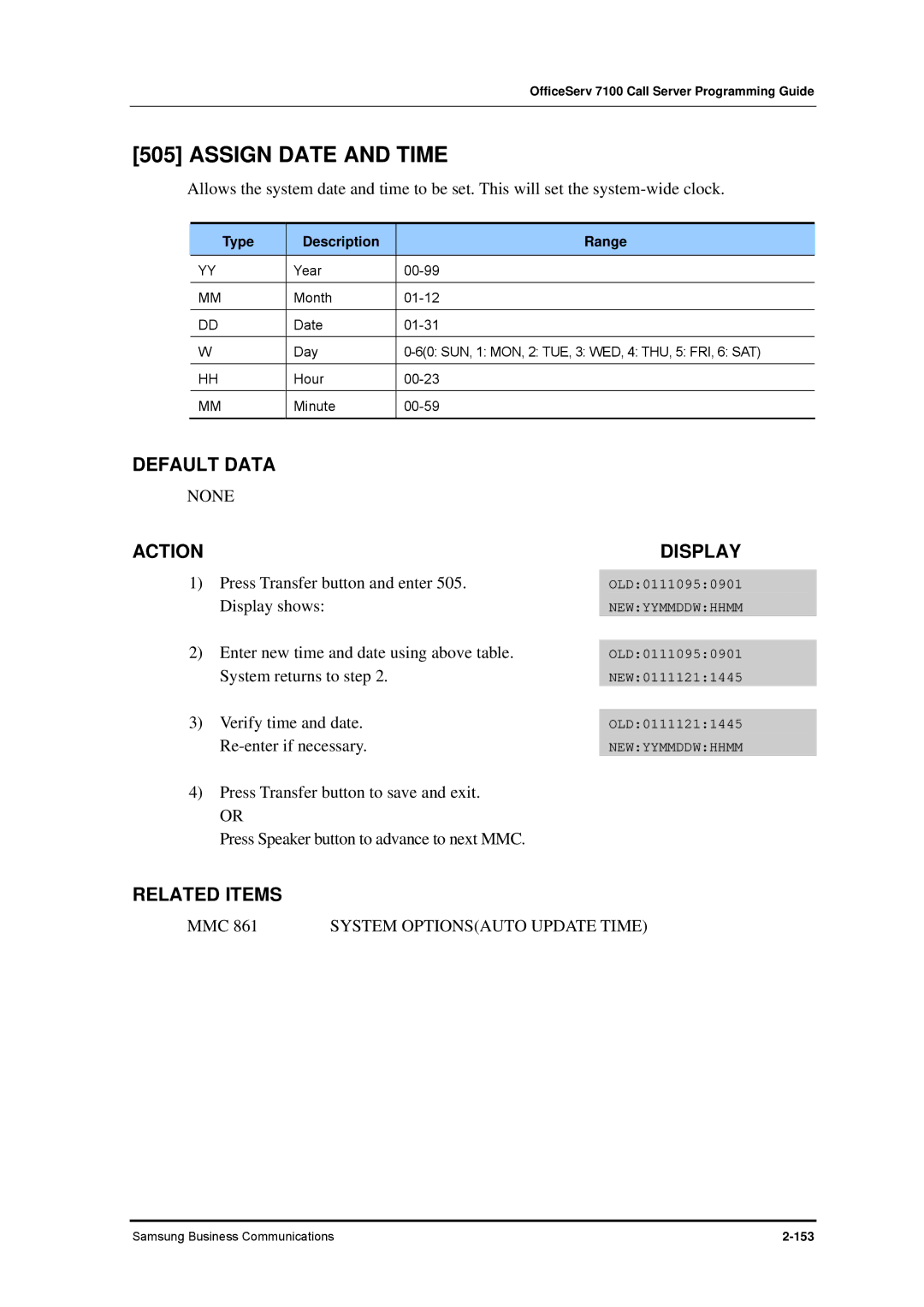 Samsung 7100 manual Assign Date and Time, Type Description Range 