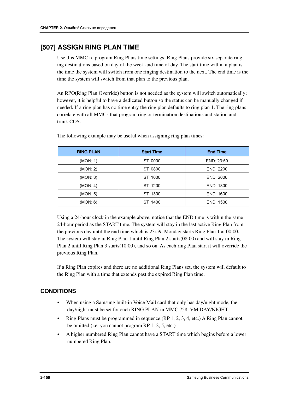 Samsung 7100 manual Assign Ring Plan Time, Start Time End Time 