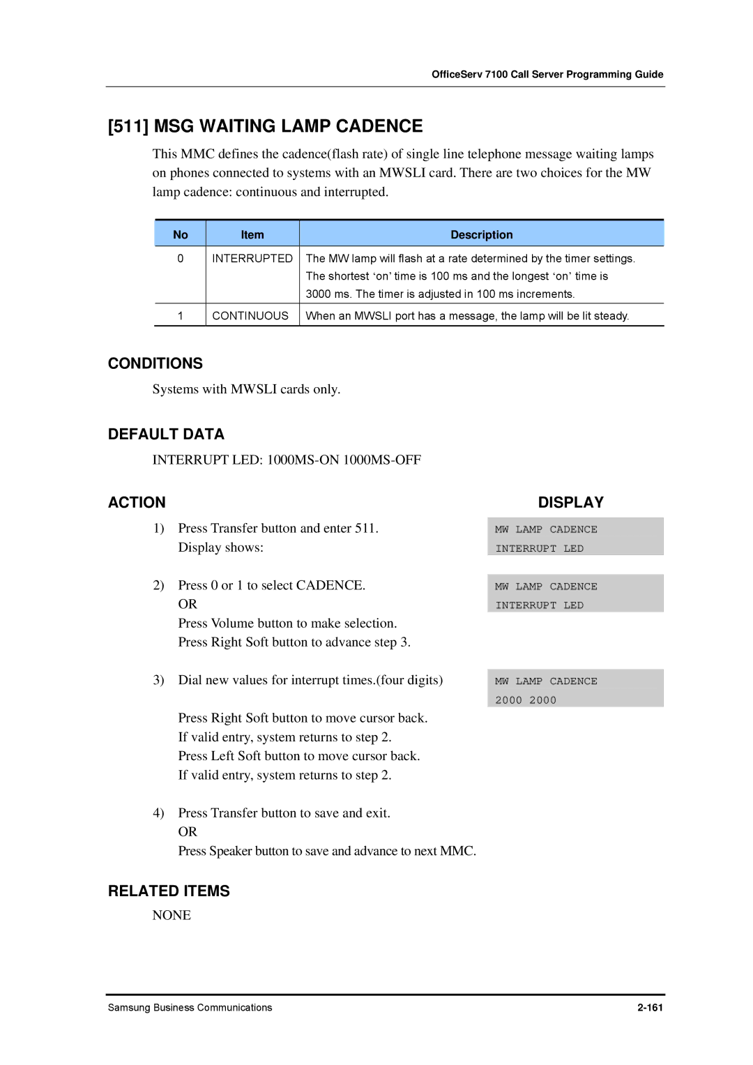 Samsung 7100 manual MSG Waiting Lamp Cadence, Interrupt LED 1000MS-ON 1000MS-OFF, Interrupted 