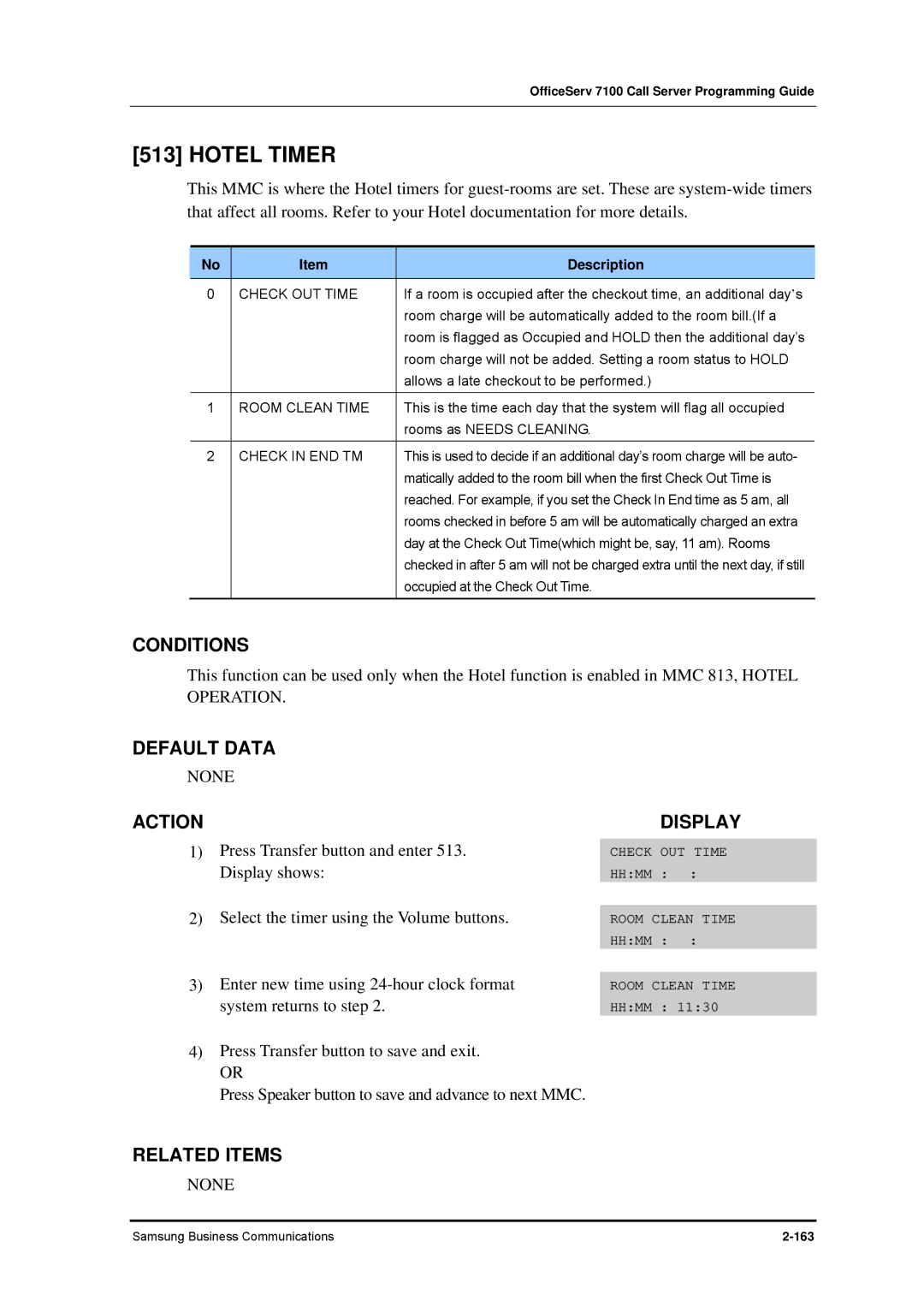 Samsung 7100 manual Hotel Timer, Check OUT Time, Room Clean Time, Check in END TM 