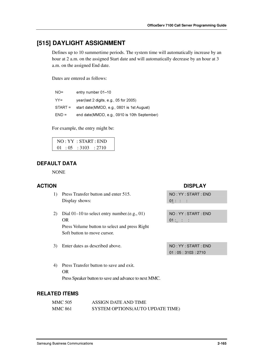 Samsung 7100 manual Daylight Assignment, No YY Start END, Assign Date and Time 