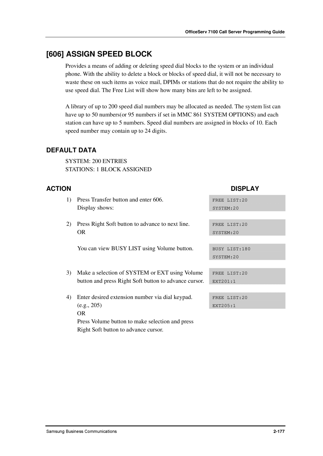 Samsung 7100 manual Assign Speed Block, System 200 Entries Stations 1 Block Assigned 