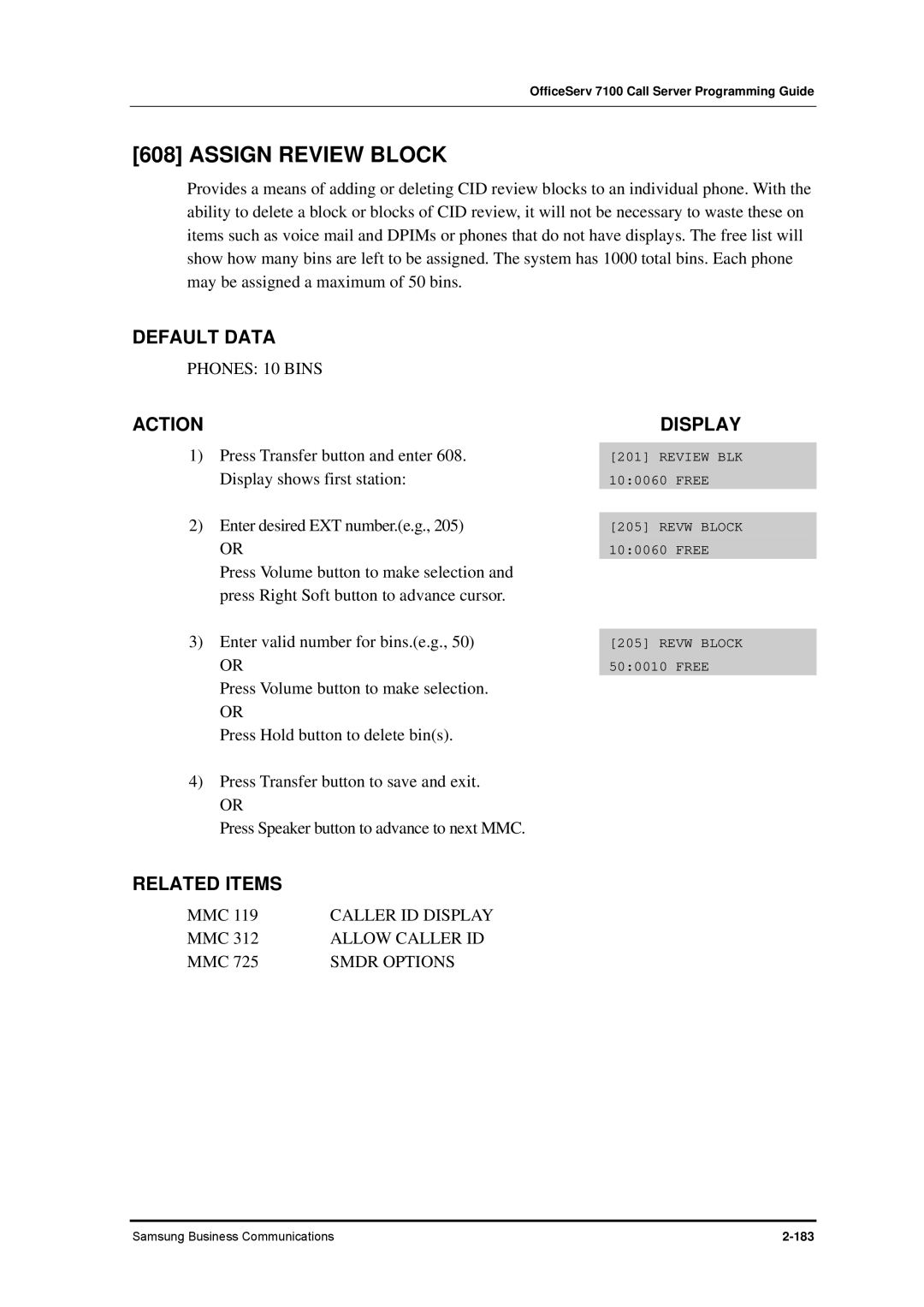 Samsung 7100 manual Assign Review Block, Phones 10 Bins, Smdr Options 