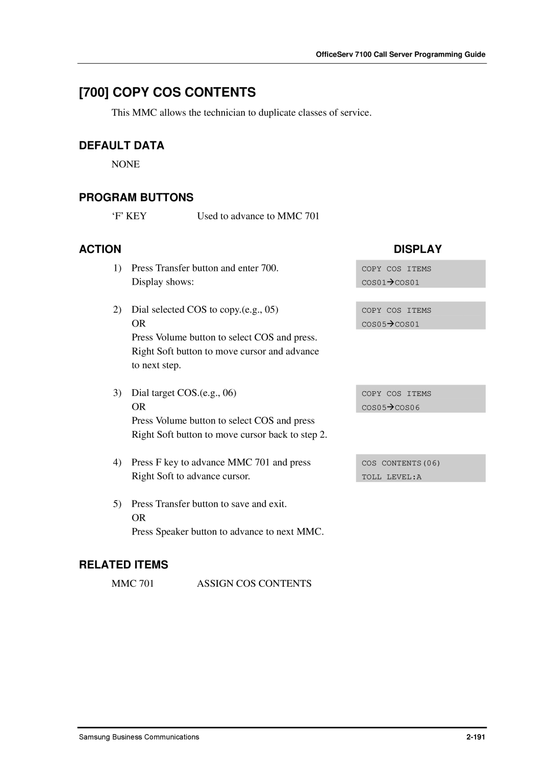 Samsung 7100 manual Copy COS Contents 