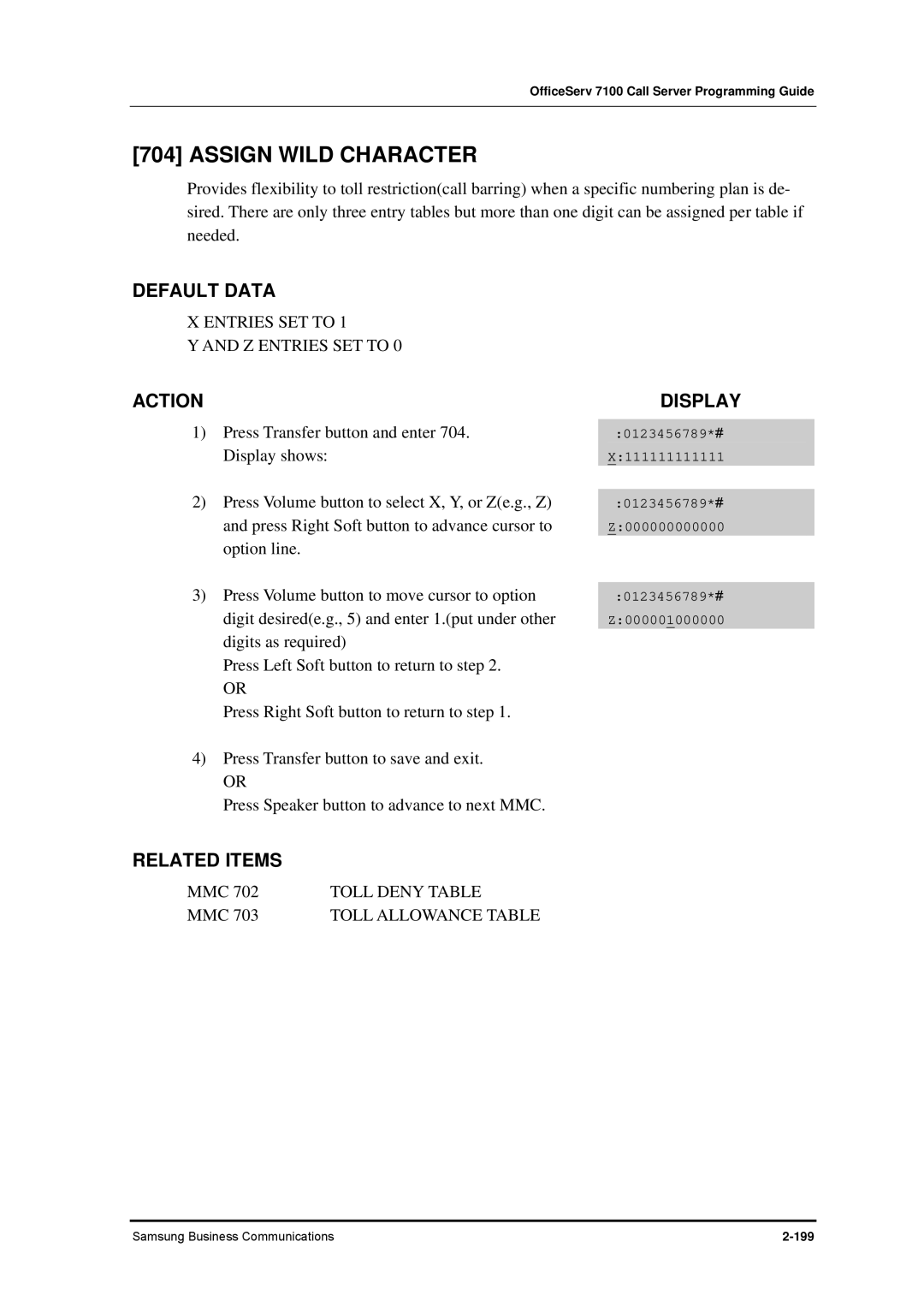 Samsung 7100 manual Assign Wild Character, Entries SET to Z Entries SET to 