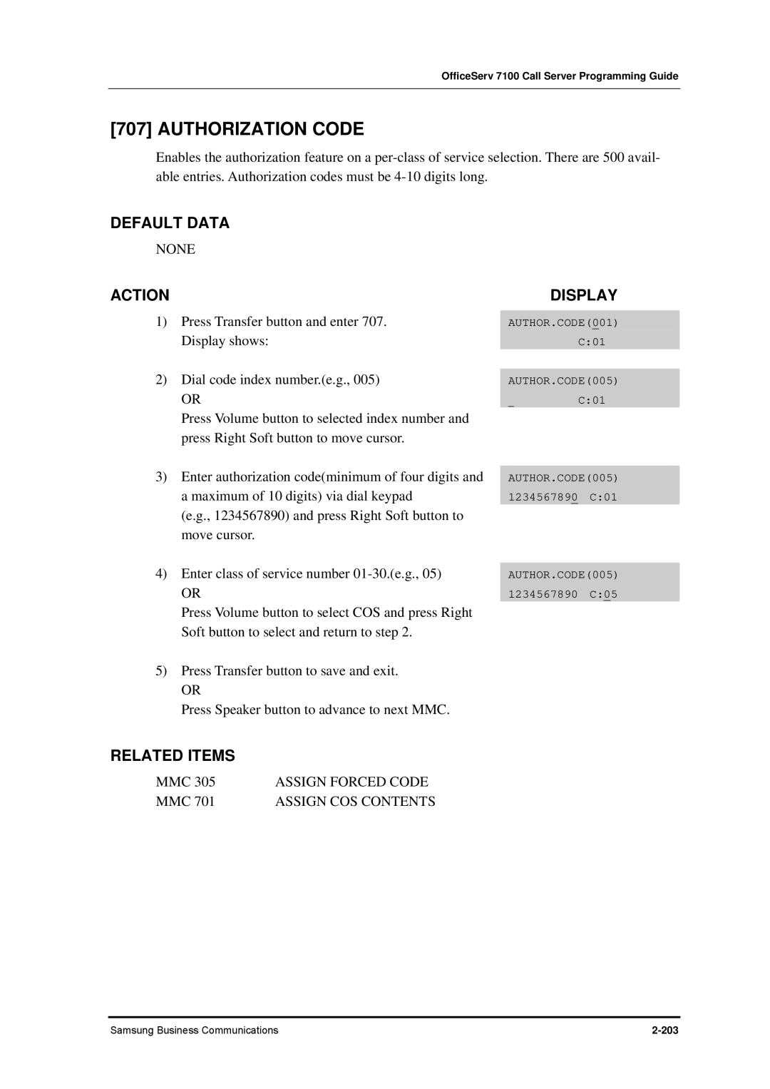 Samsung 7100 manual Authorization Code, Assign Forced Code 