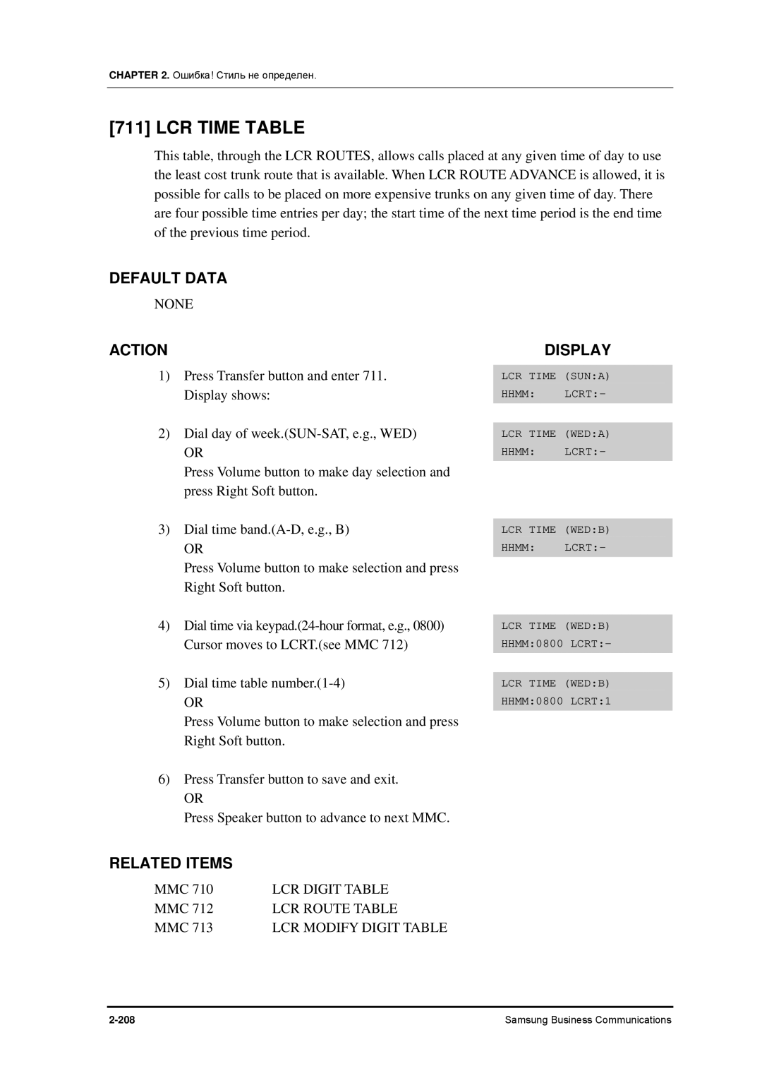 Samsung 7100 manual LCR Time Table, LCR Digit Table 