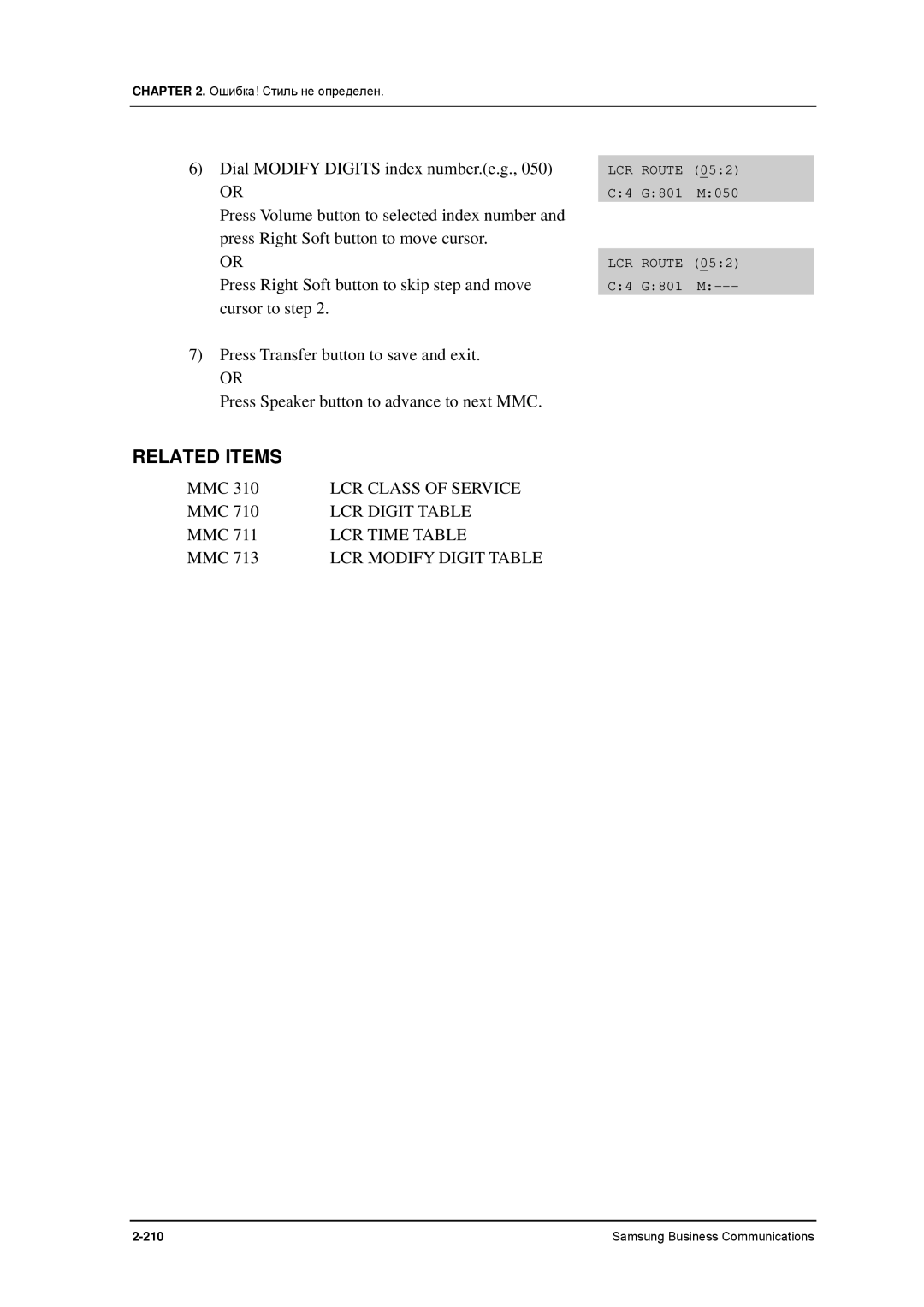 Samsung 7100 manual LCR Class of Service, LCR Time Table 