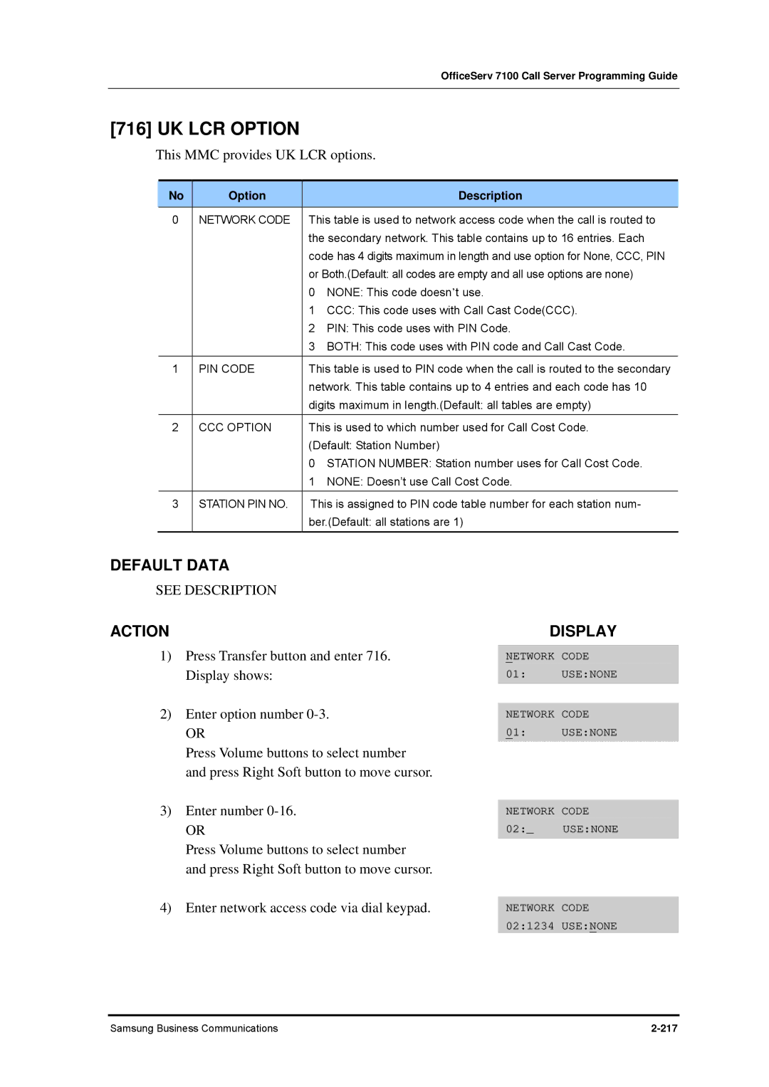 Samsung 7100 manual UK LCR Option, Network Code, PIN Code, CCC Option, Station PIN no 