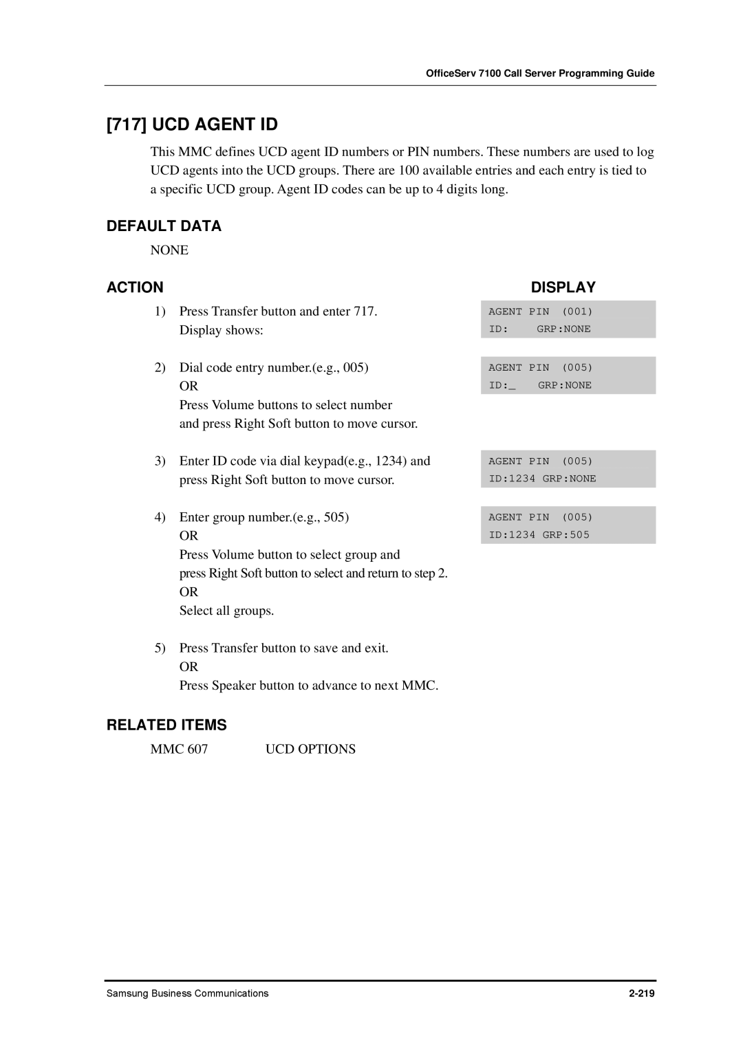 Samsung 7100 manual UCD Agent ID, UCD Options 