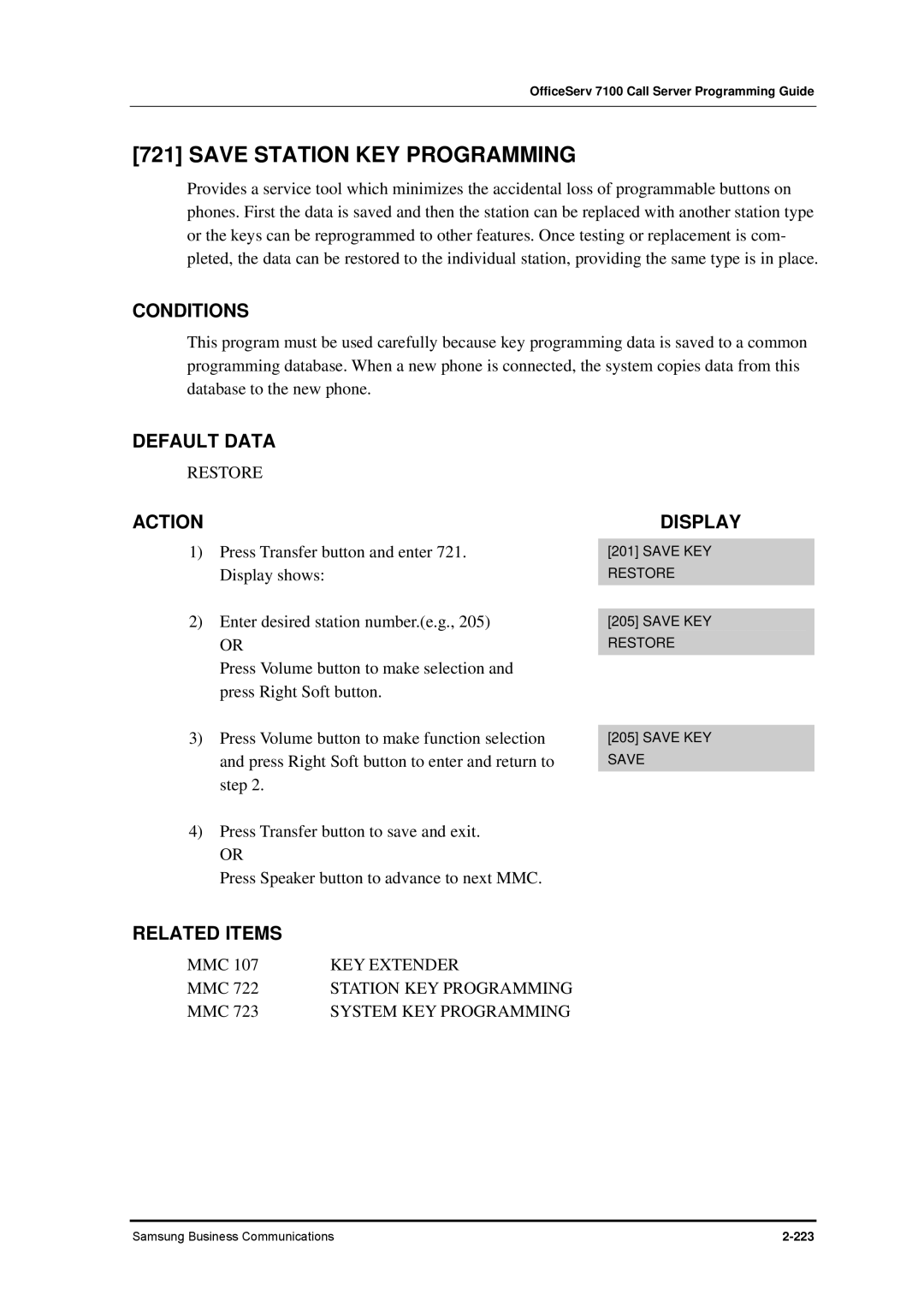 Samsung 7100 manual Save Station KEY Programming, Restore 