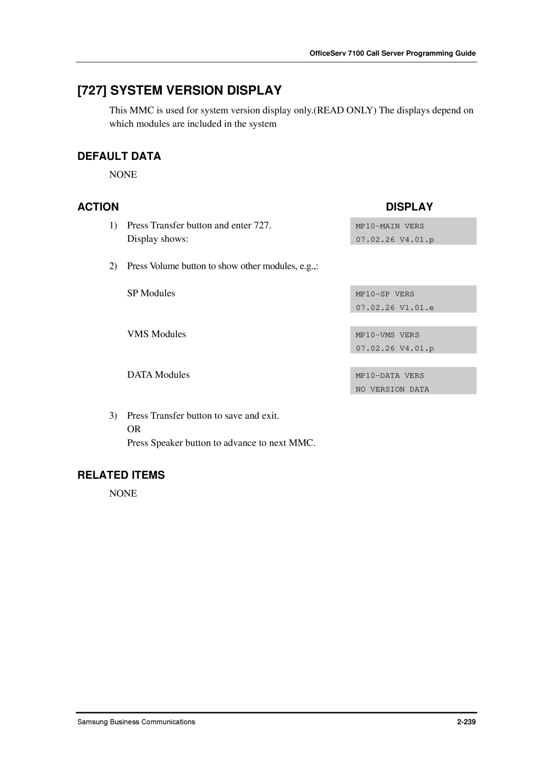 Samsung 7100 manual System Version Display, None 