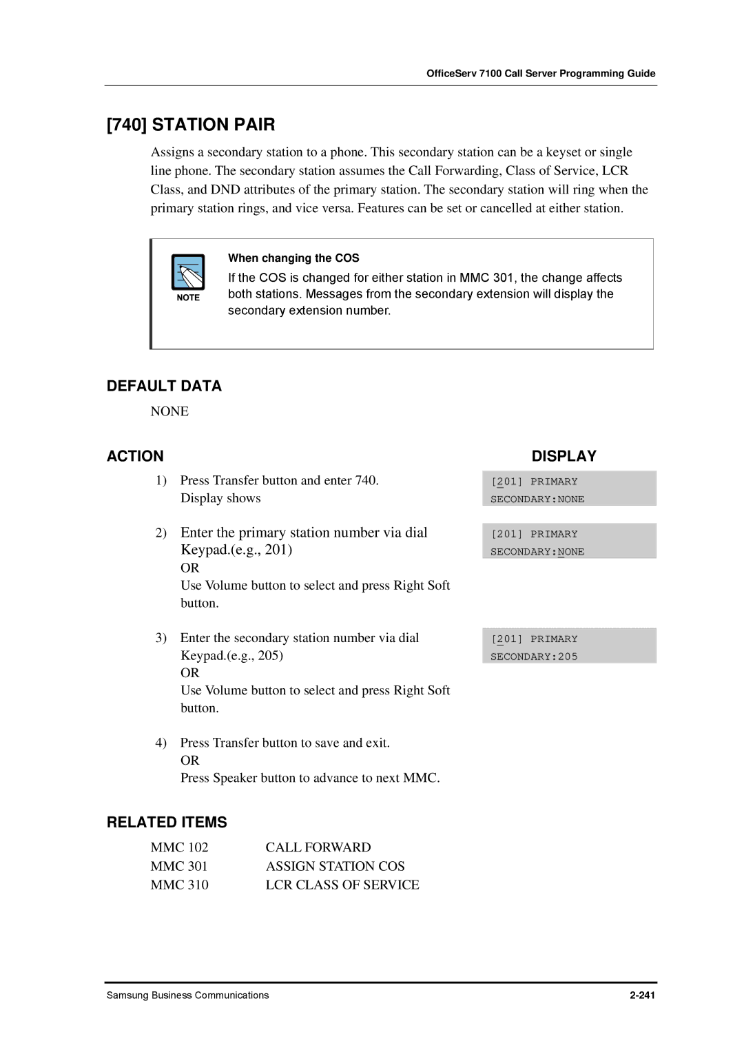 Samsung 7100 manual Station Pair, When changing the COS 