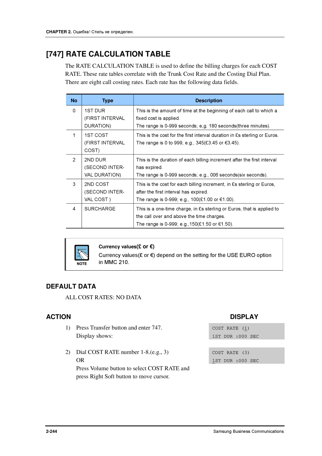 Samsung 7100 manual Rate Calculation Table, ALL Cost Rates no Data, Currency values£ or € 