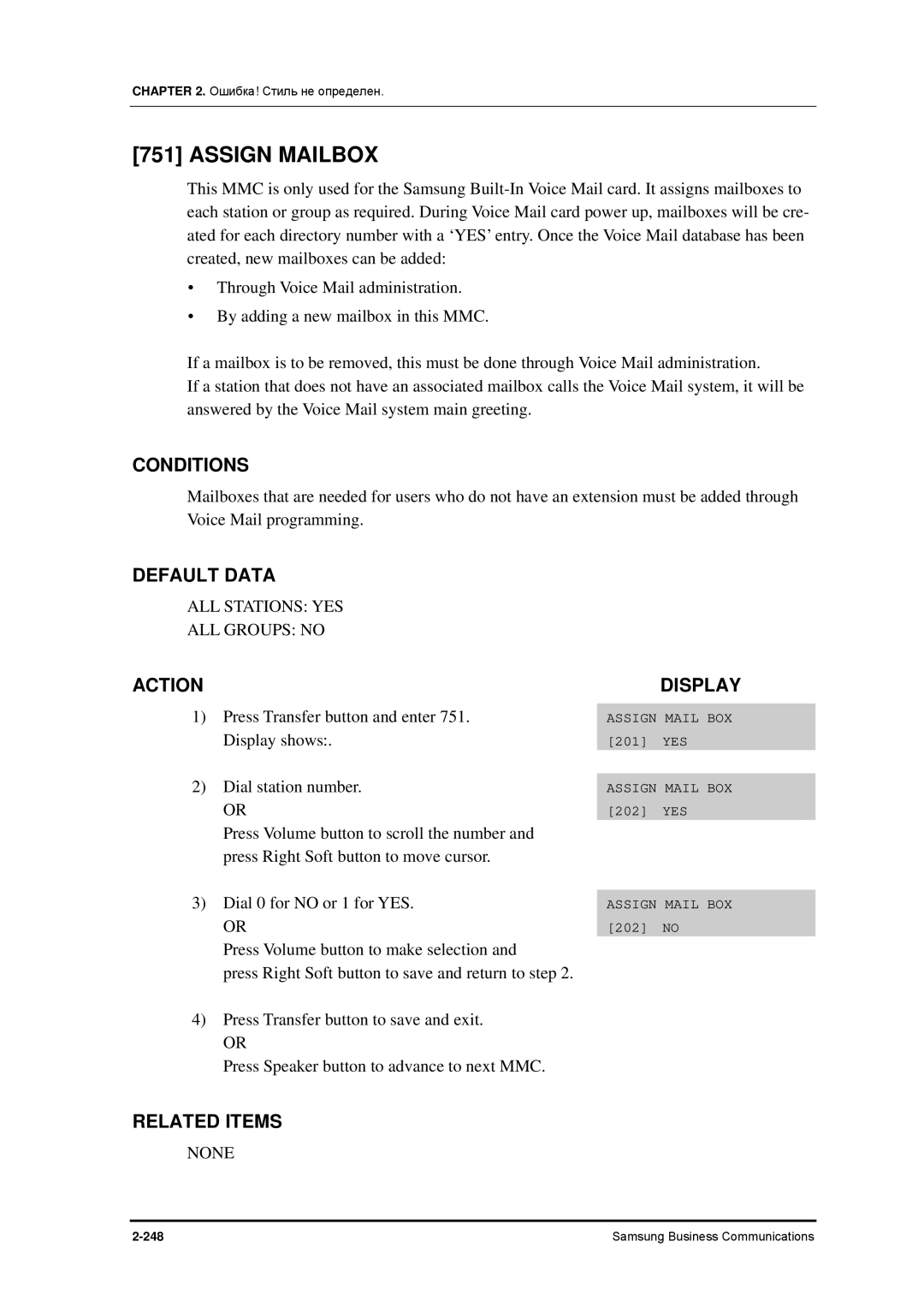 Samsung 7100 manual Assign Mailbox, ALL Stations YES ALL Groups no 