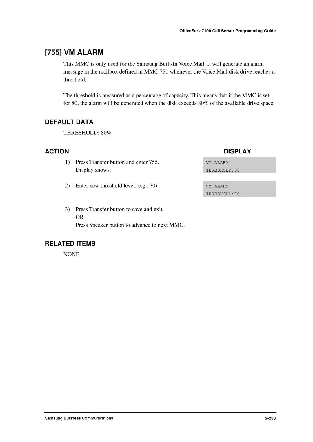 Samsung 7100 manual VM Alarm, Threshold 80% 