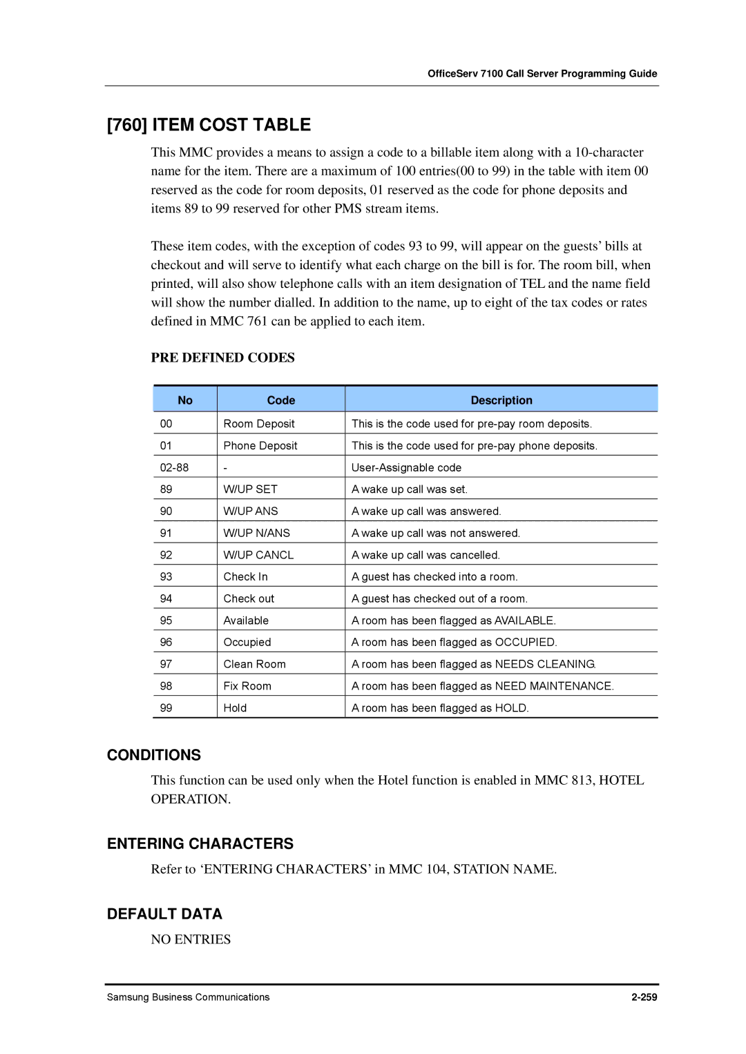 Samsung 7100 manual Item Cost Table, No Entries, Code Description 