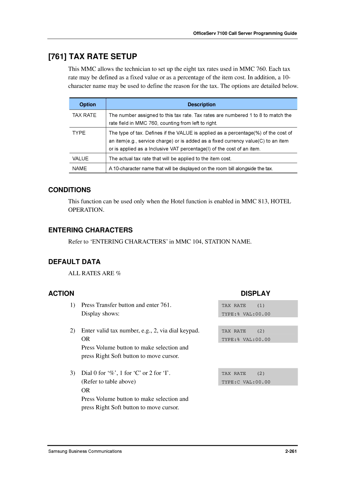 Samsung 7100 manual TAX Rate Setup, ALL Rates are %, Value 