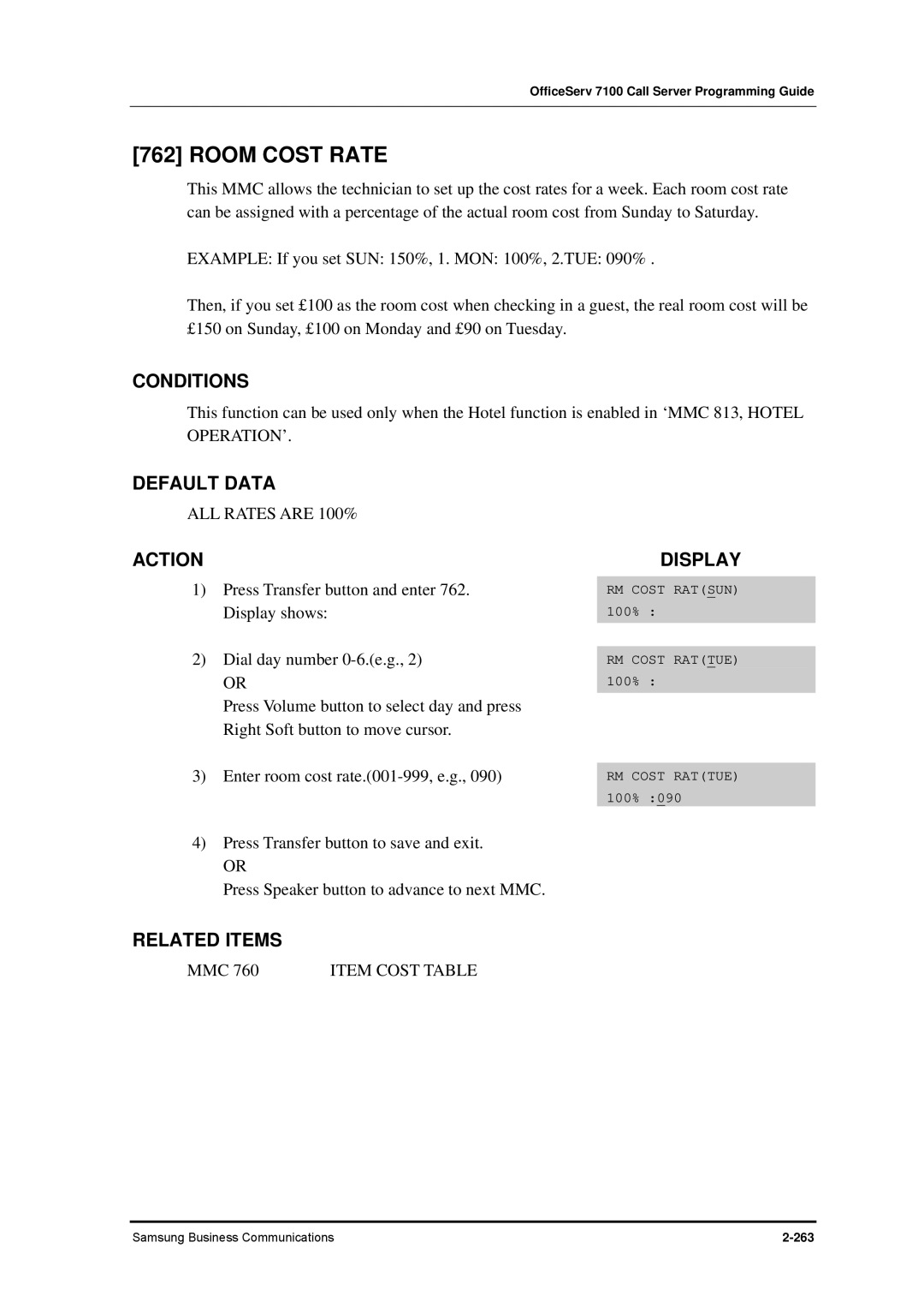 Samsung 7100 manual Room Cost Rate, ALL Rates are 100% 