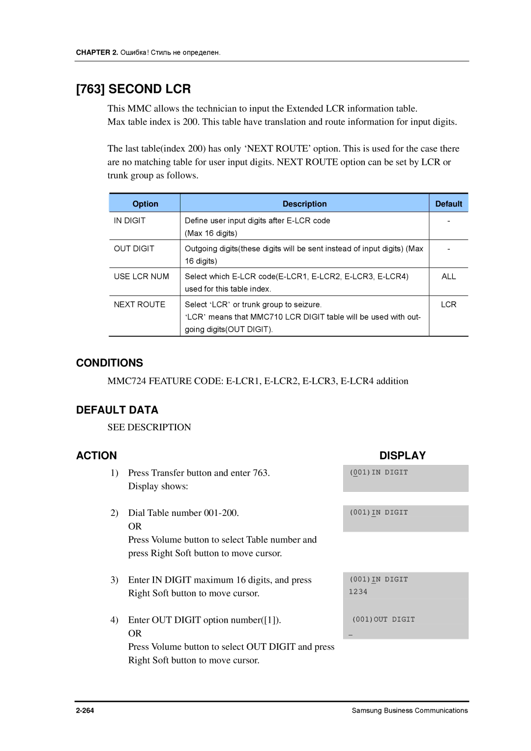 Samsung 7100 manual Second LCR, Option Description Default 