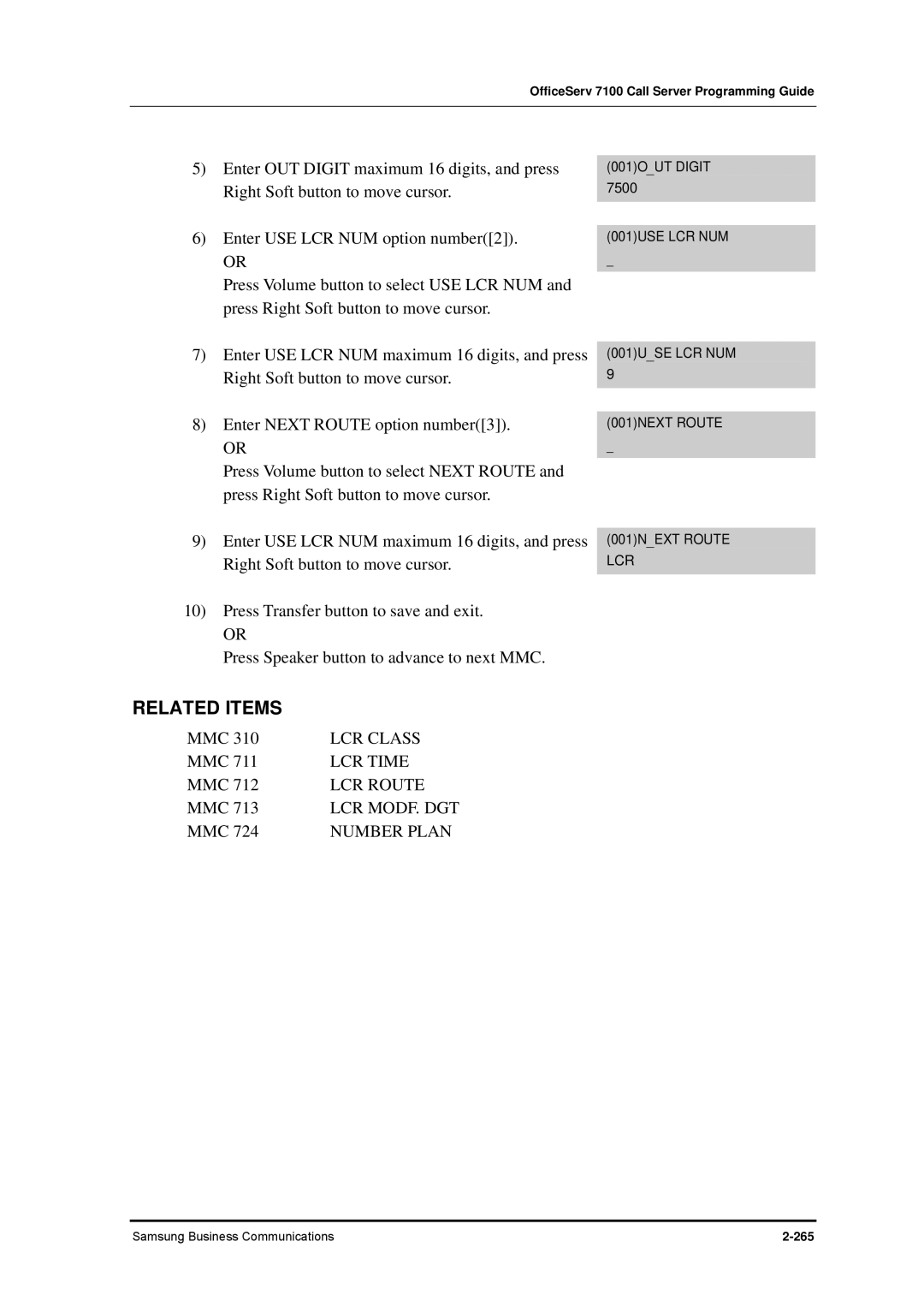 Samsung 7100 manual LCR Class, LCR Time, LCR Route, Number Plan 