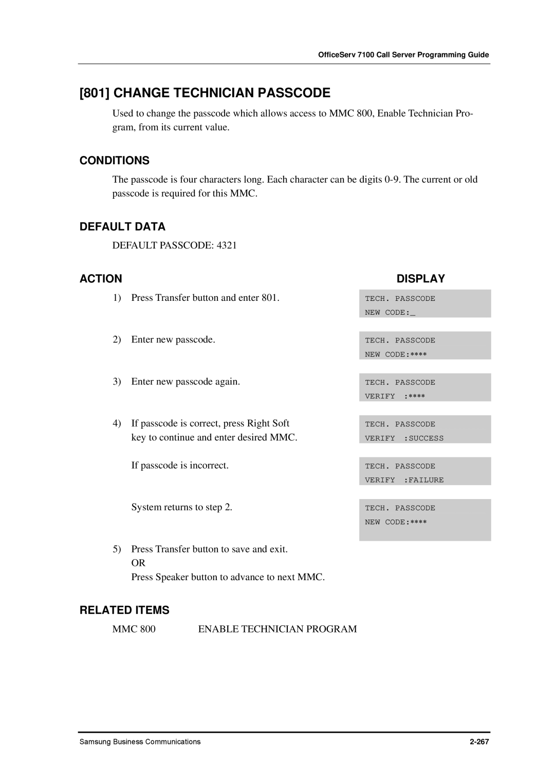 Samsung 7100 manual Change Technician Passcode, Default Passcode 