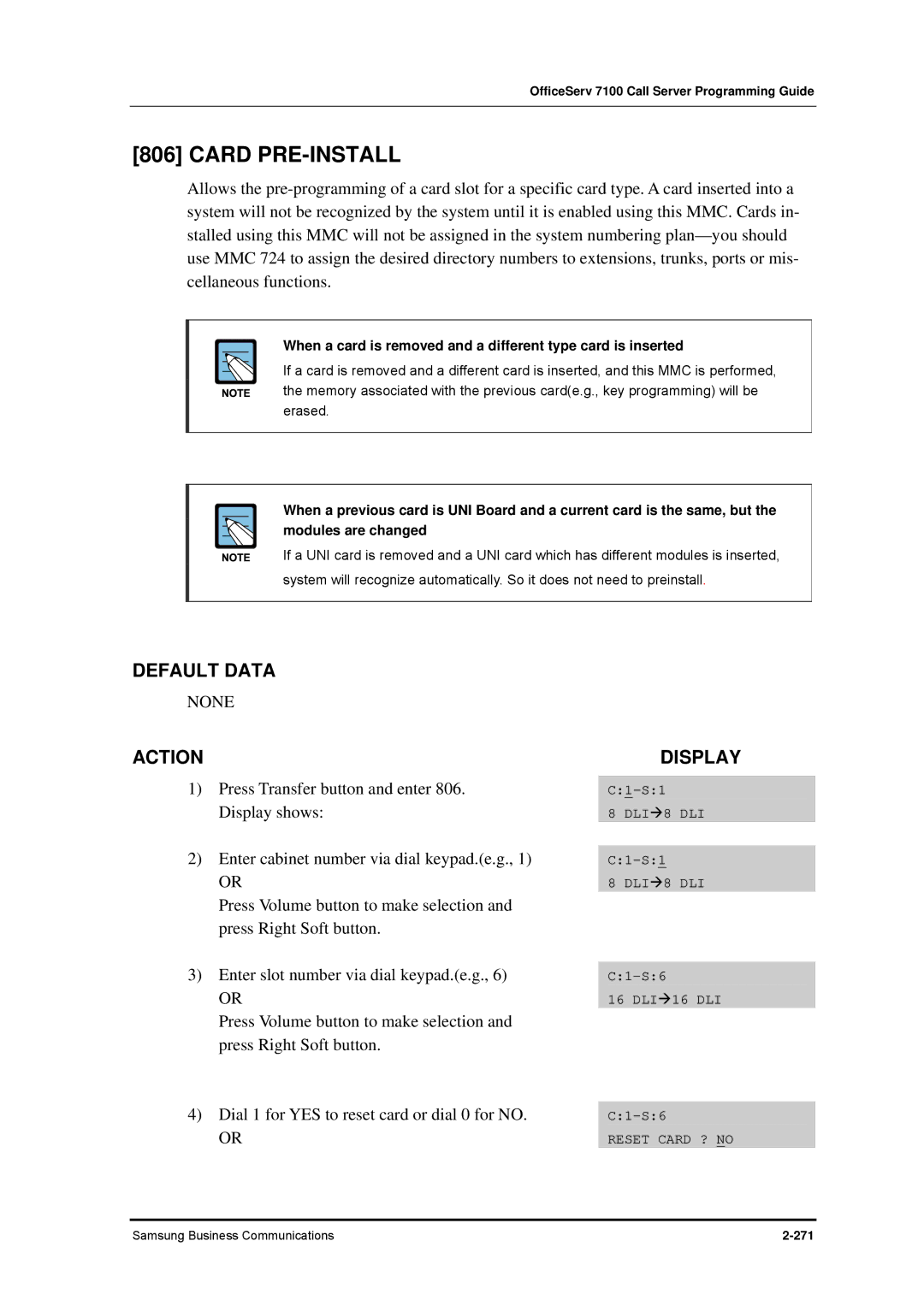 Samsung 7100 manual Card PRE-INSTALL, When a card is removed and a different type card is inserted 