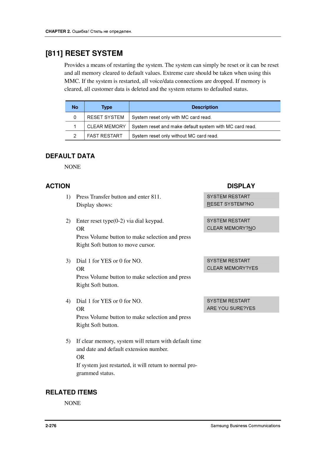 Samsung 7100 manual Reset System, Clear Memory, Fast Restart, System Restart are YOU SURE?YES 