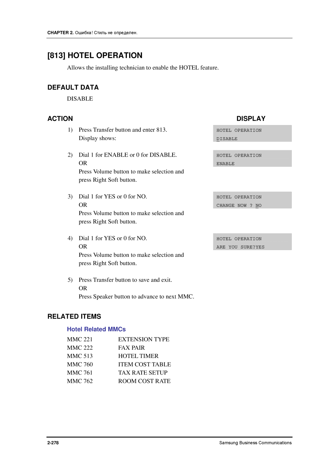 Samsung 7100 manual Hotel Operation, FAX Pair, Hotel Timer, TAX Rate Setup 