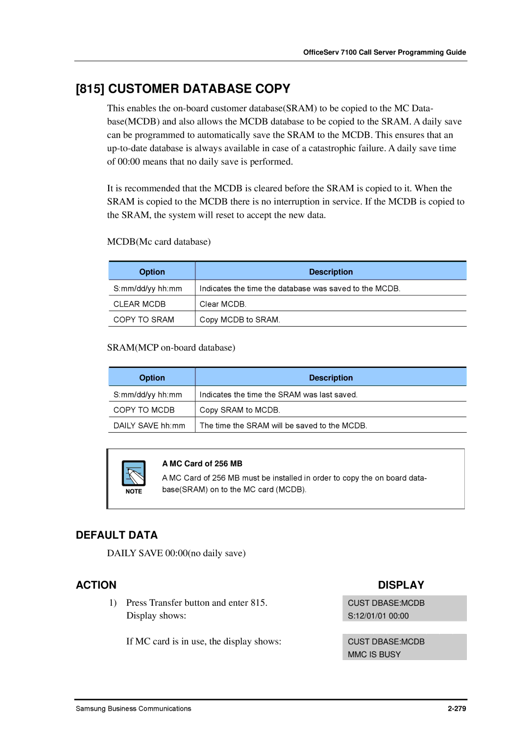 Samsung 7100 manual Customer Database Copy, Clear Mcdb, Copy to Sram, Copy to Mcdb, MC Card of 256 MB 