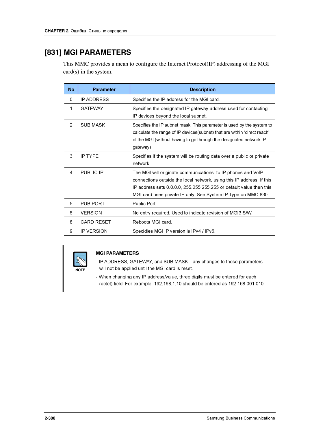 Samsung 7100 manual MGI Parameters 