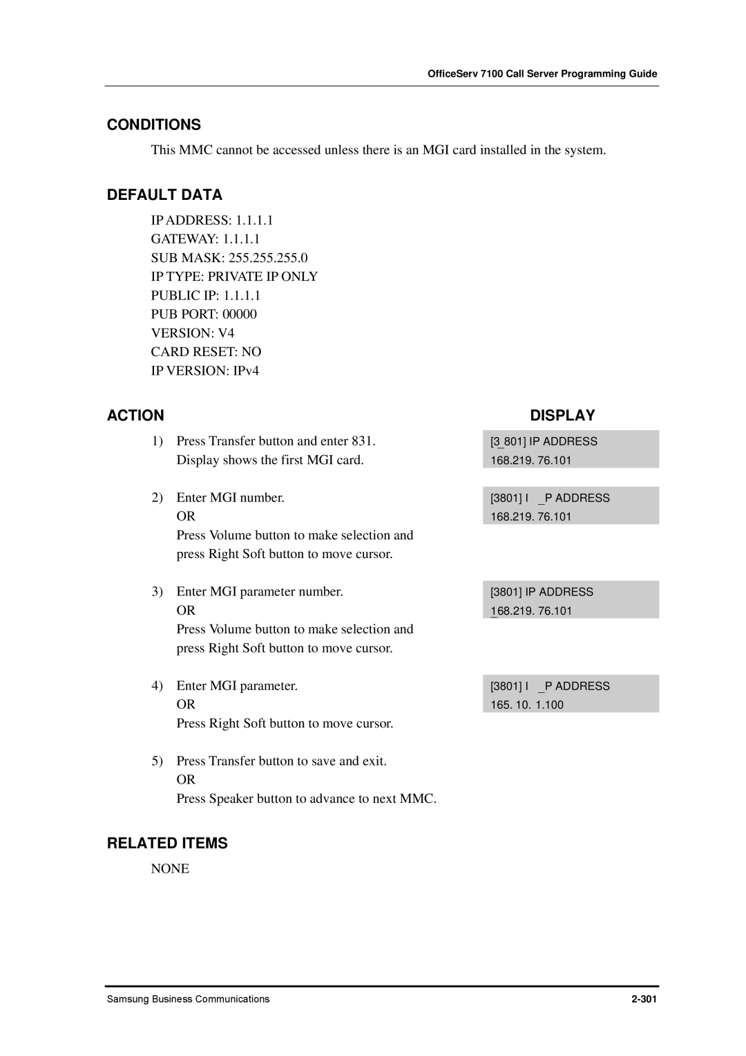 Samsung 7100 manual IP Type Private IP only, Version Card Reset no 