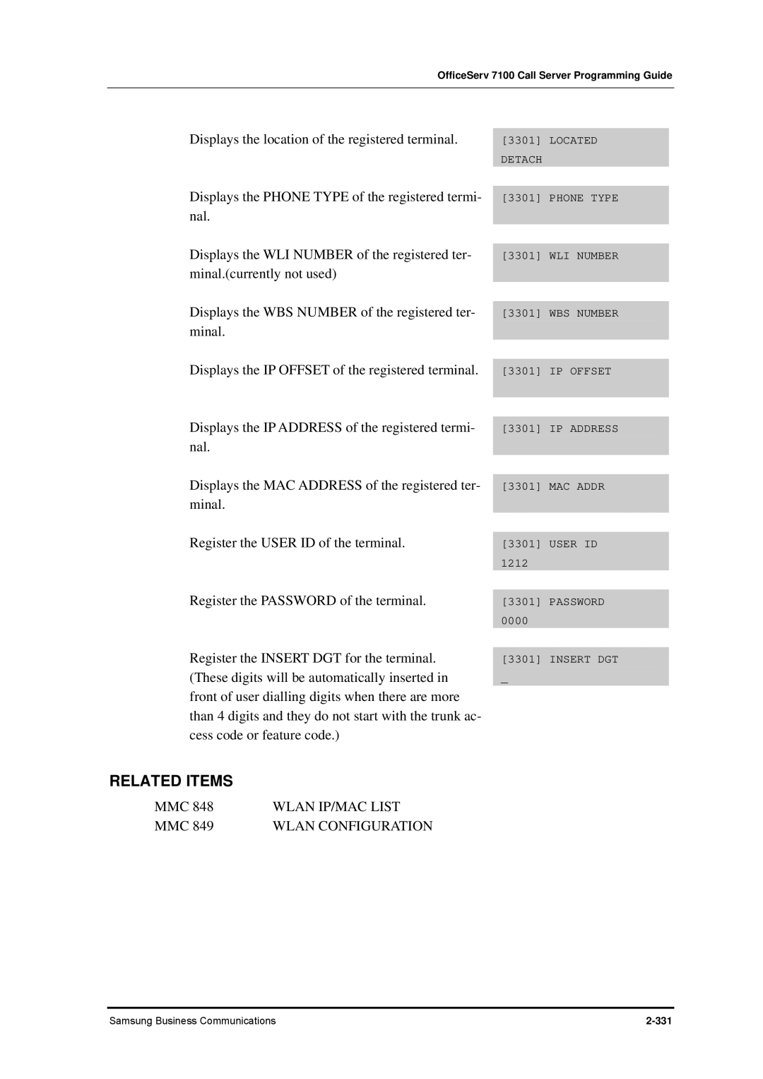 Samsung 7100 manual Wlan IP/MAC List, Wlan Configuration 