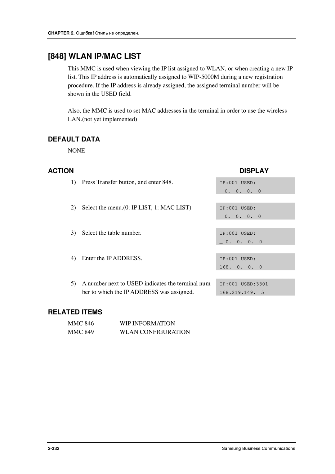 Samsung 7100 manual Wlan IP/MAC List, WIP Information 